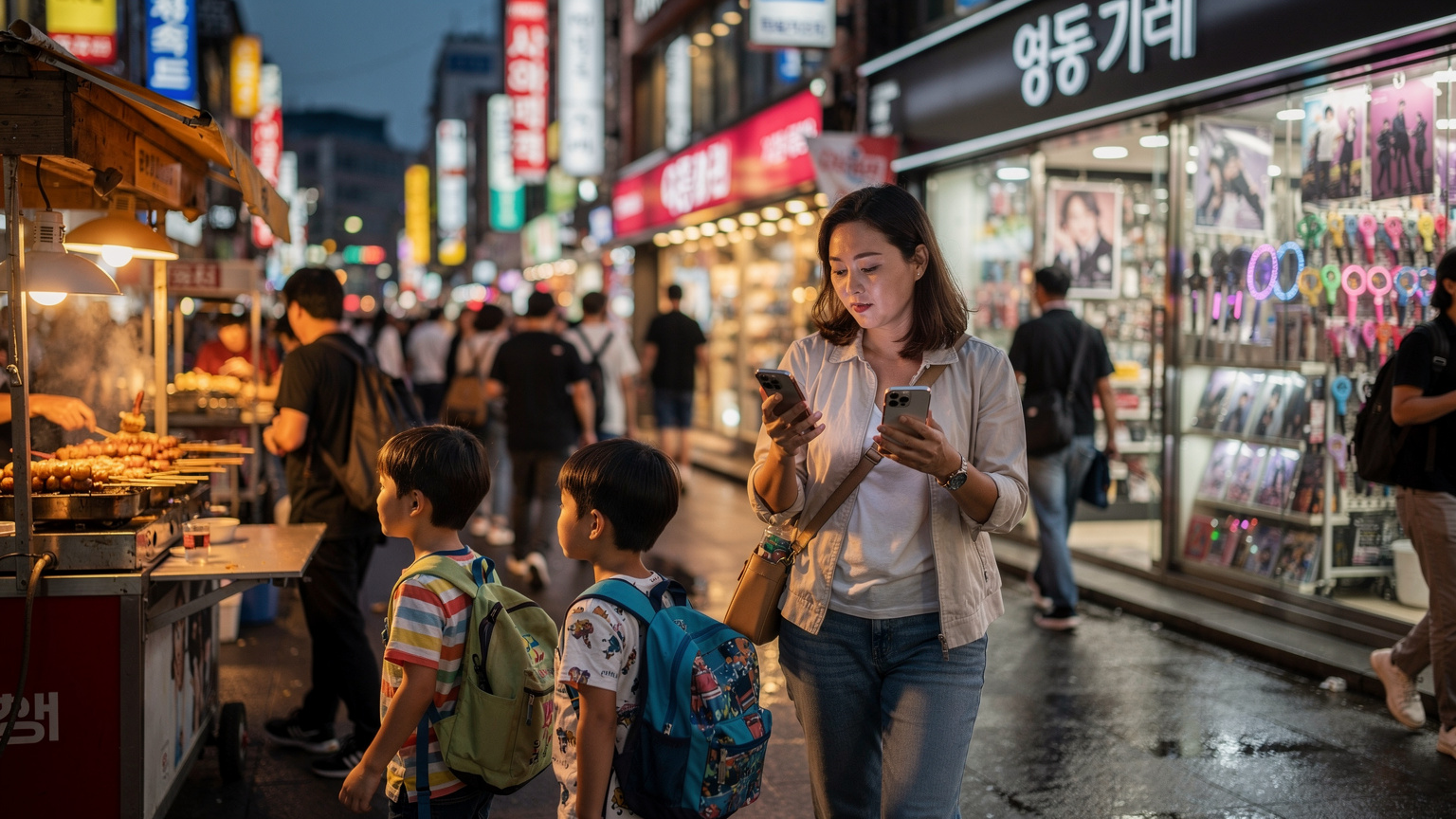 一个三口之家在首尔明洞街头,妈妈正在用最新的iPhone 18手机查看Google Maps,而两个孩子则被街头小吃摊和琳琅满目的韩流商店吸引,背景是繁忙的韩国街景和霓虹灯招牌。