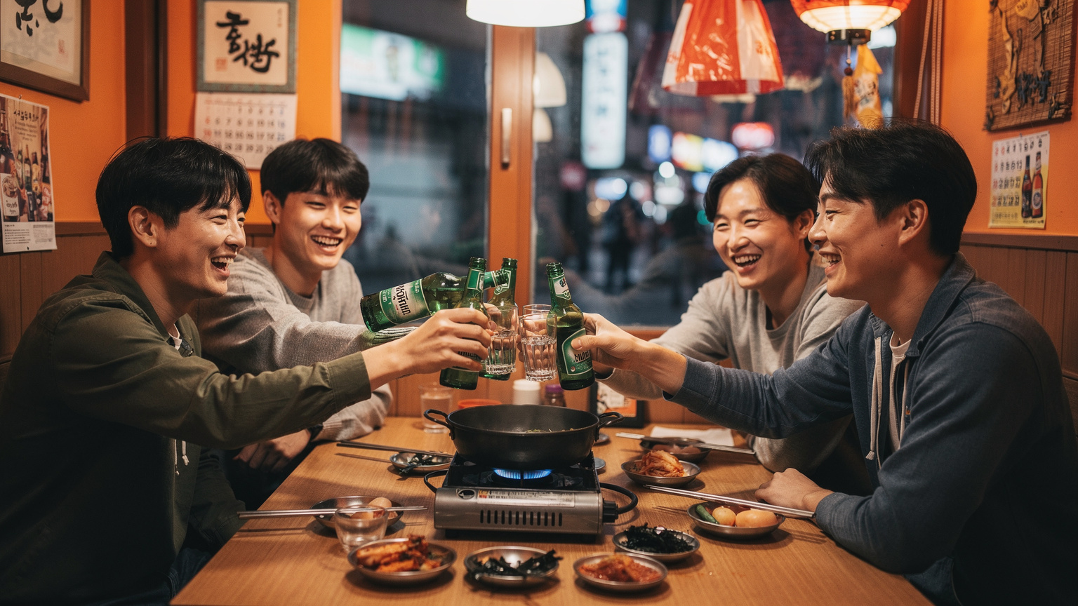 Un grupo de amigos coreanos brinda con soju en una mesa de un restaurante tradicional, mostrando la interacción social y el respeto en la cultura del consumo de alcohol.