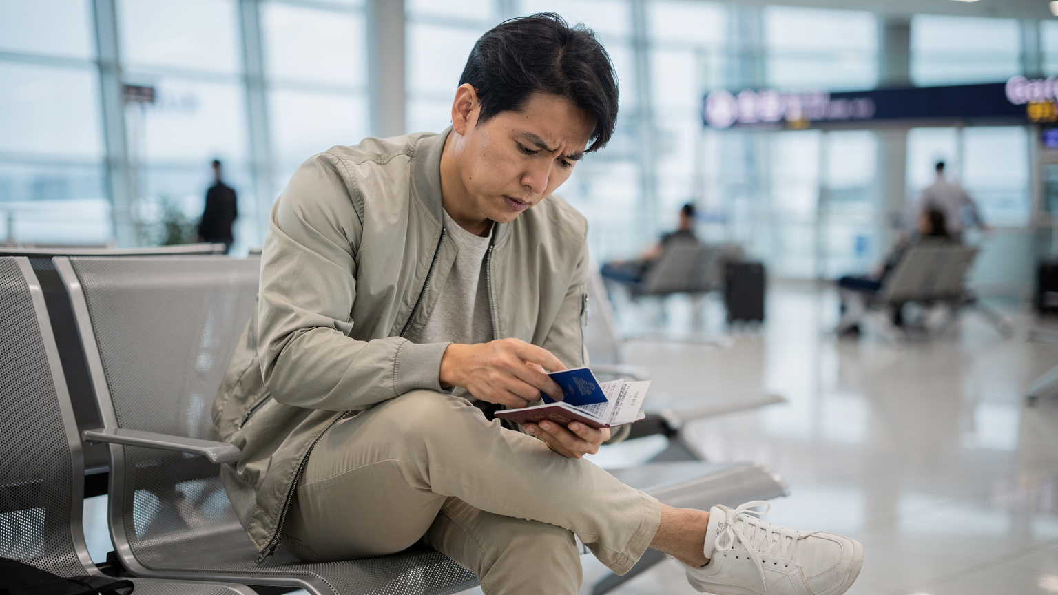 Un viajero consulta su pasaporte y documentos de viaje en una sala de espera del aeropuerto de Incheon, con un toque de preocupación en su rostro por un posible problema con el visado.