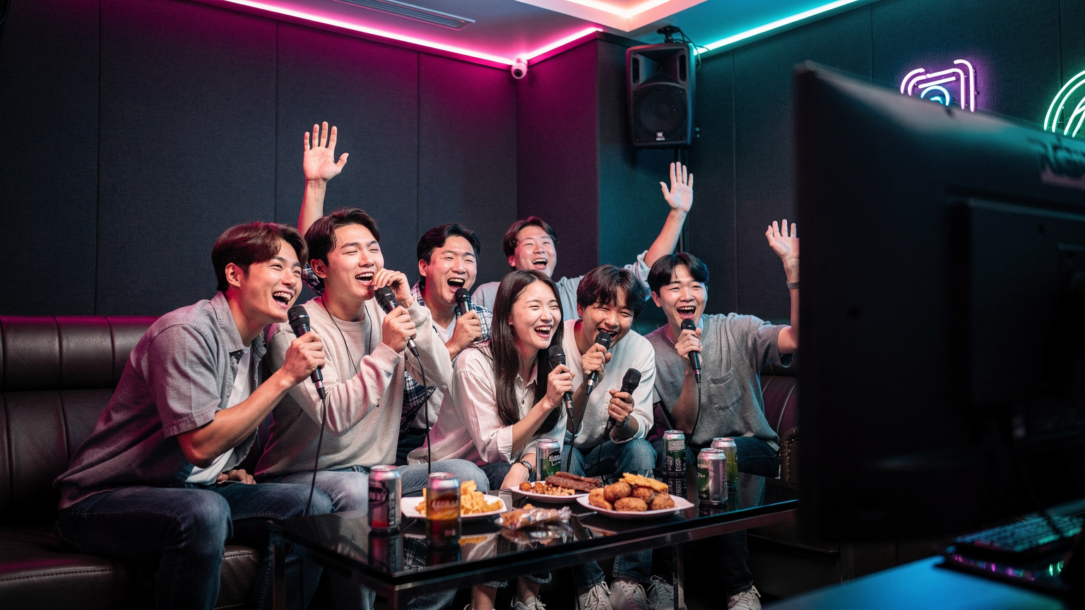 Un grupo de jóvenes coreanos disfruta de una noche de karaoke en un noraebang de Seúl, riendo y cantando con entusiasmo frente a una pantalla.