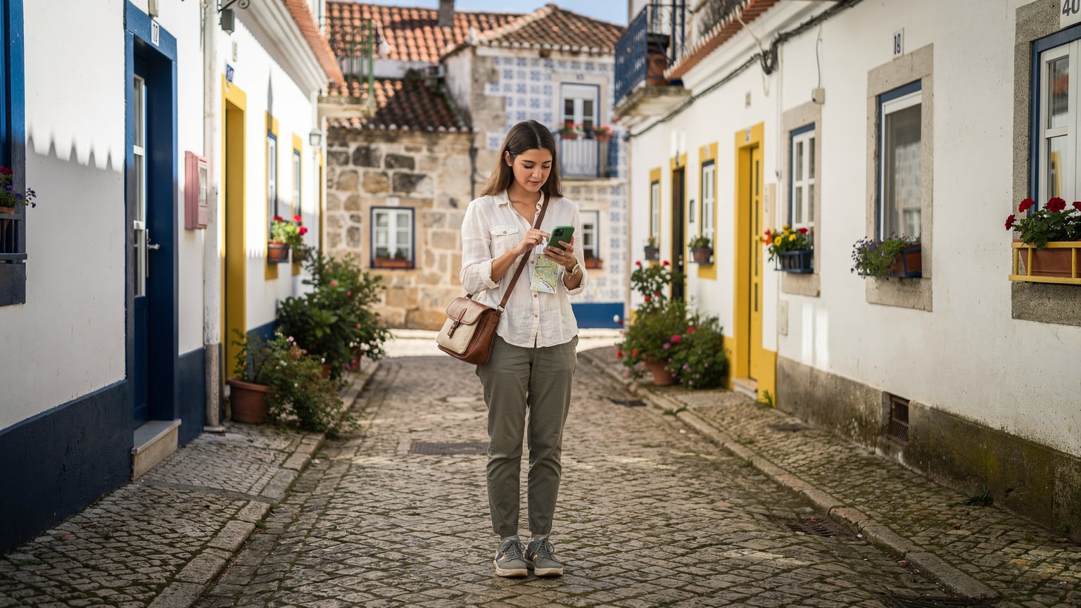 Uma mulher em um beco estreito de uma aldeia histórica portuguesa, olhando para o mapa em seu smartphone, enquanto observa as casas coloridas e a arquitetura tradicional.