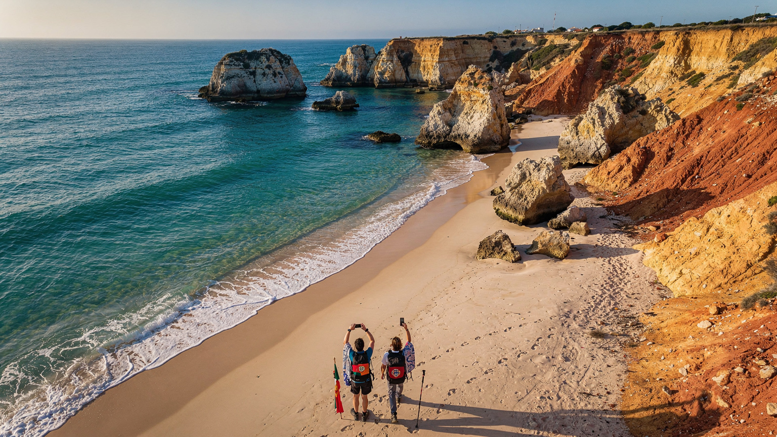 Vista aérea de uma praia selvagem na costa alentejana, com formações rochosas e águas cristalinas, mostrando um casal de mochileiros caminhando na areia, com seus telefones em mãos para registrar o momento.