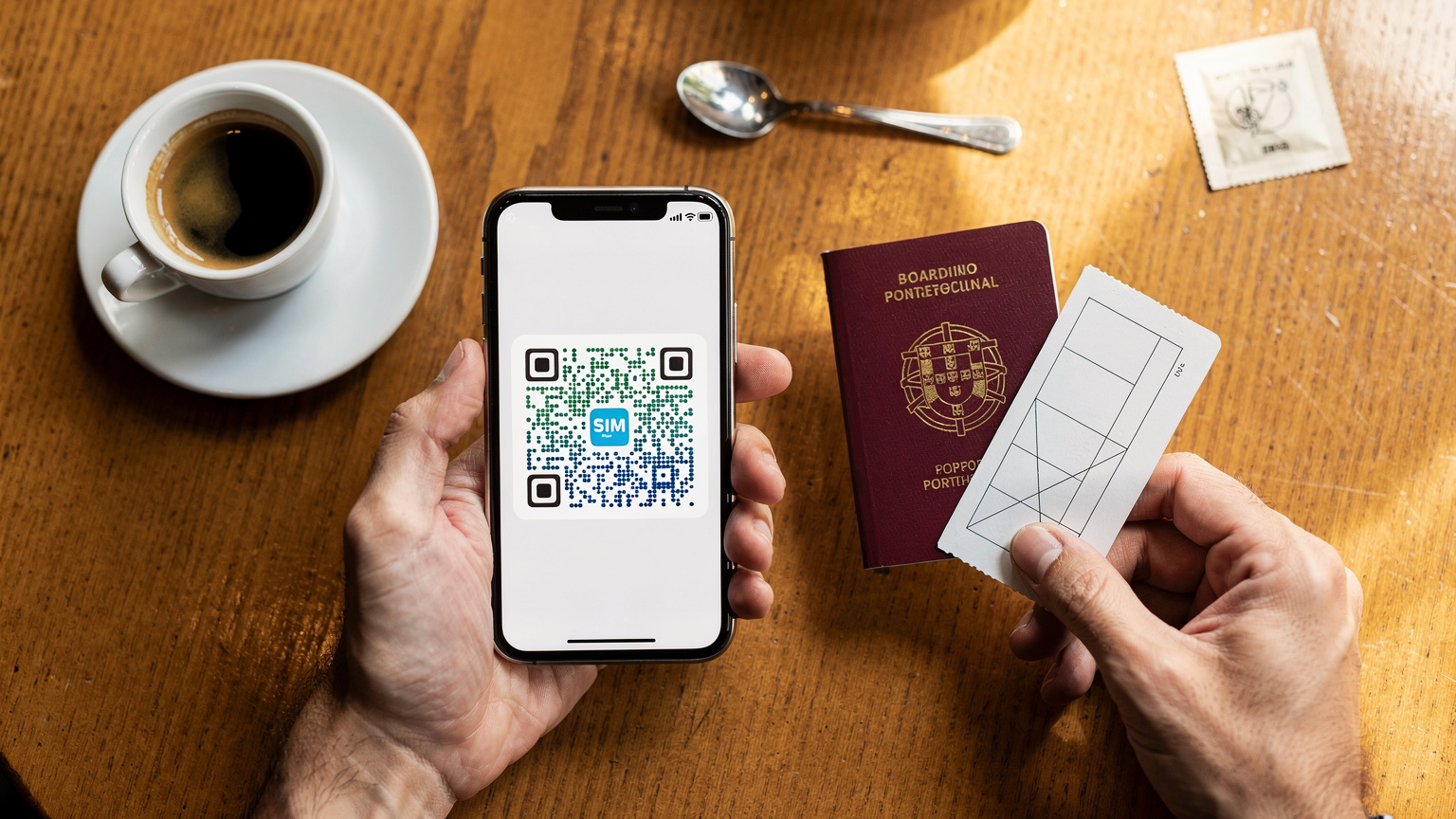 Uma mão segurando um smartphone com um QR code de eSIM na tela, enquanto a outra mão segura um passaporte português e uma passagem aérea, em uma mesa de um café em Lisboa com uma bica (café espresso) ao lado.