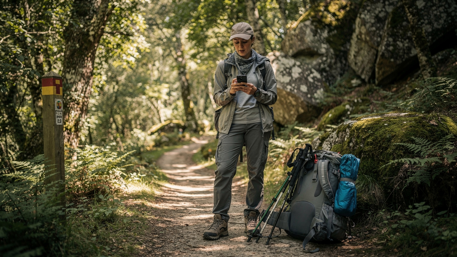 Uma mulher em uma trilha exuberante na floresta do Parque Nacional da Peneda-Gerês, com seu smartphone na mão, olhando para o mapa, a mochila de trilha no chão ao lado dela.