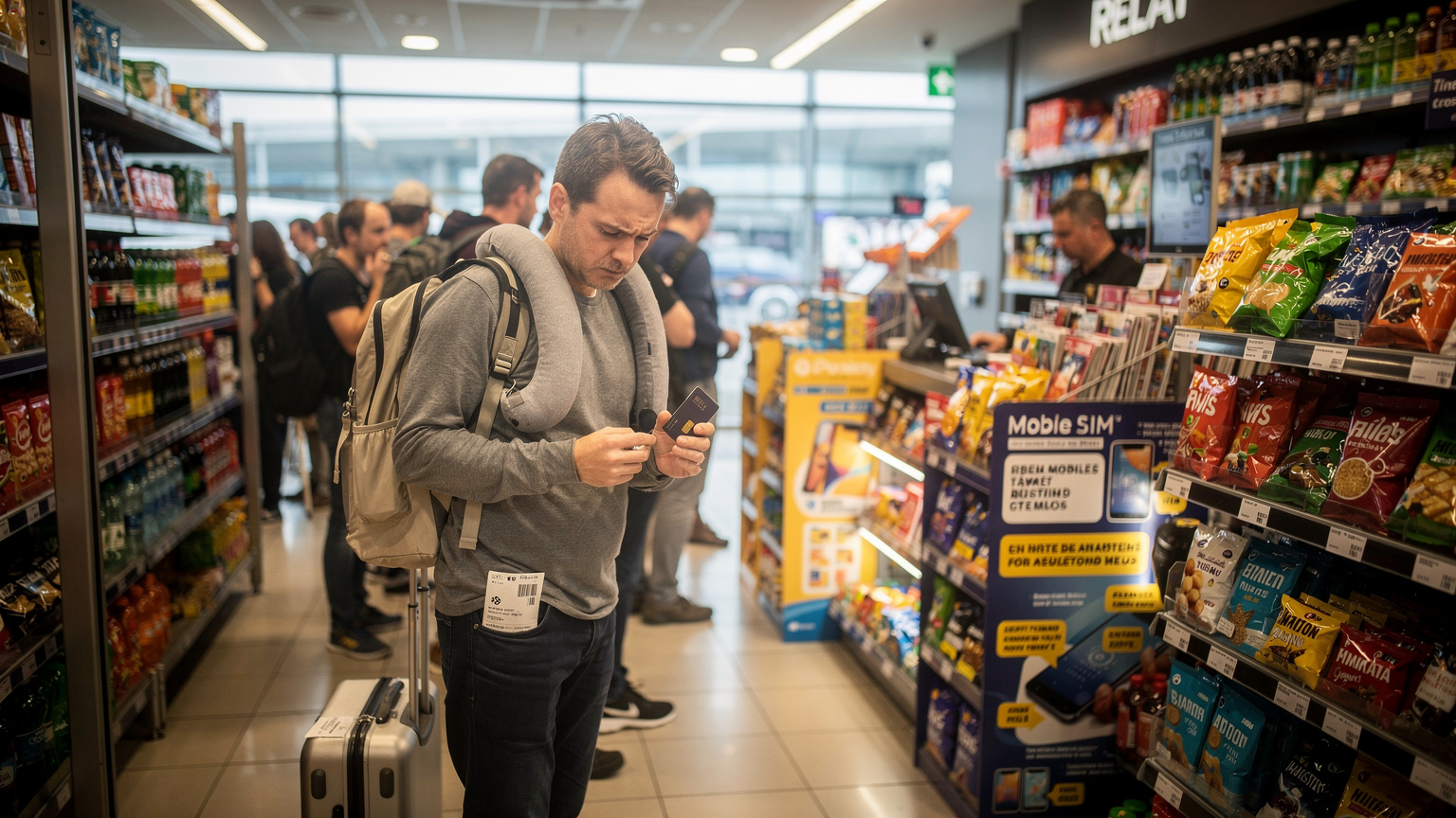 Un voyageur soucieux tente d'acheter une carte SIM physique dans un Relay bondé de l'aéroport Roissy-Charles de Gaulle, confronté à une longue file d'attente et à des panneaux promotionnels confus.