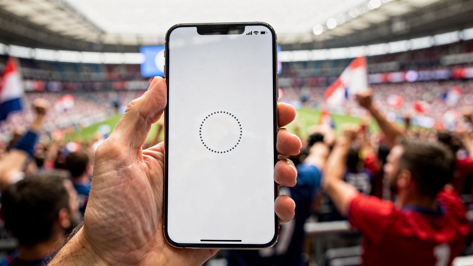 Un smartphone affiche un écran de chargement infini sur un fond flou de foule dense lors d'un événement sportif majeur, symbolisant la frustration de la saturation du réseau.