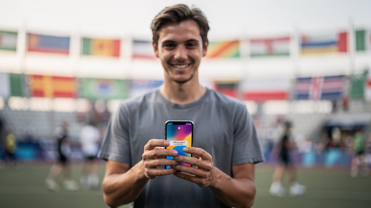 Un jeune voyageur souriant tient son smartphone en main, affichant un écran de confirmation d'activation eSIM, avec en arrière-plan flou, des drapeaux olympiques et la silhouette d'un événement sportif.