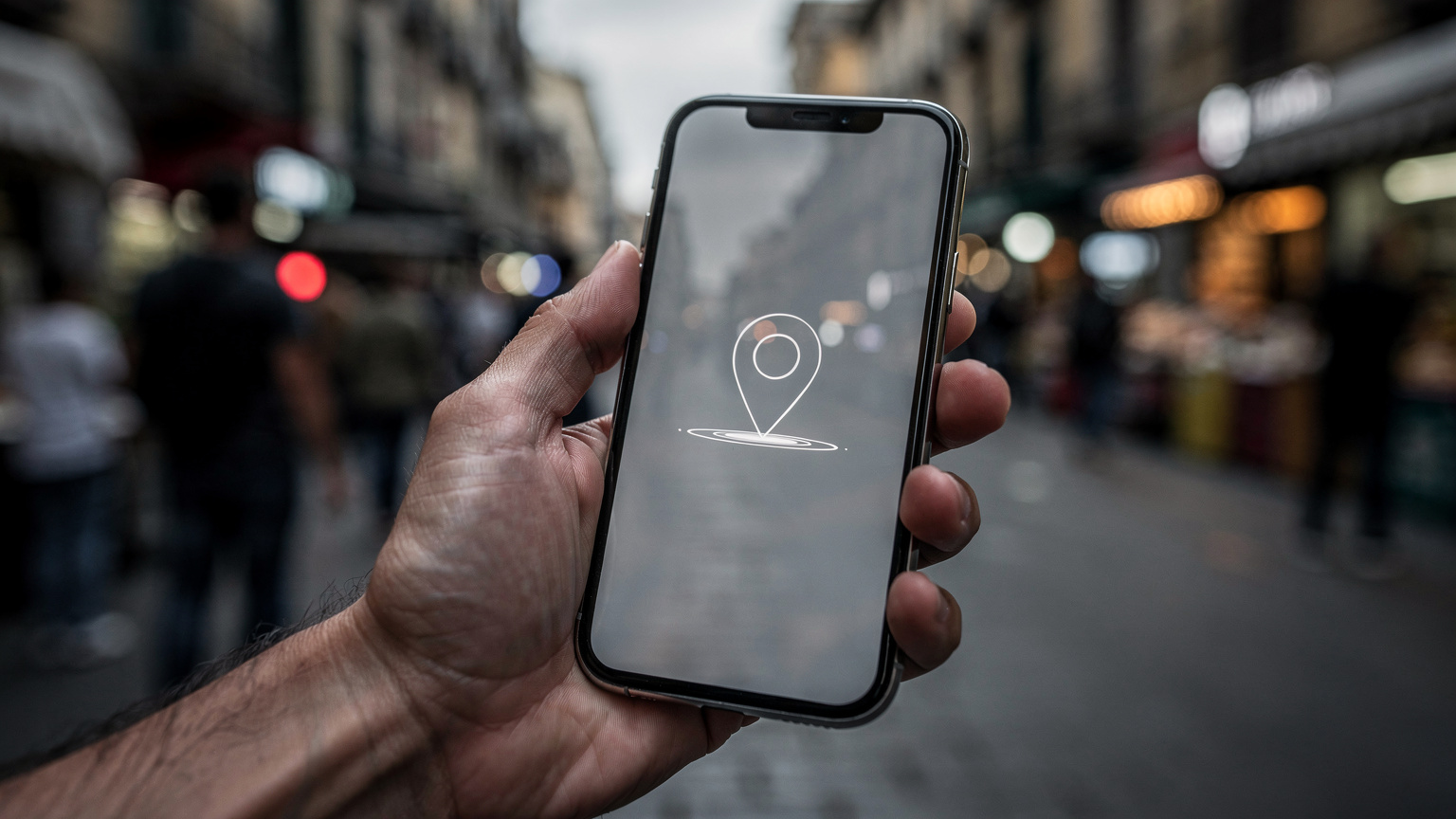 Una mano tiene in mano uno smartphone bloccato, sul display un messaggio che indica che il dispositivo è stato rintracciato, in una scena urbana caotica che suggerisce un furto.
