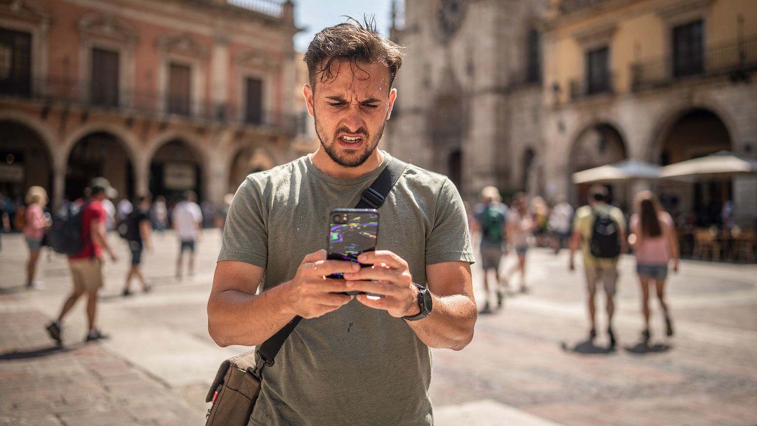 Un turista frustrato al sole di mezzogiorno, il suo telefono surriscaldato in mano, mentre cerca di capire una mappa digitale. La sua espressione è tesa e preoccupata.