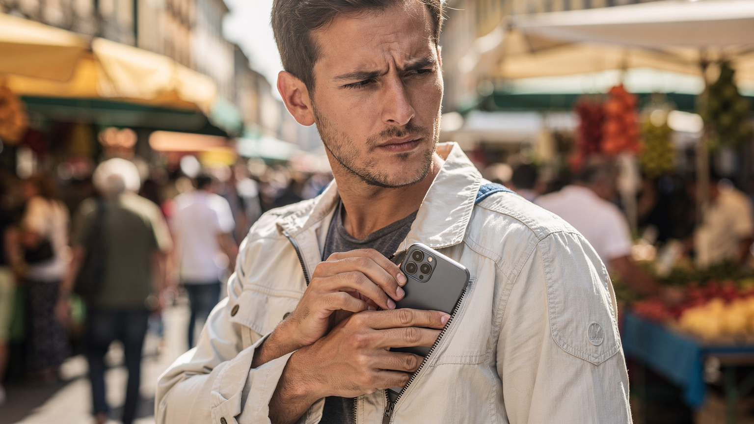 Un primo piano di una persona che estrae cautamente uno smartphone da una tasca interna sicura di una giacca leggera, mentre si trova in un mercato vivace e affollato, con un'espressione vigile.