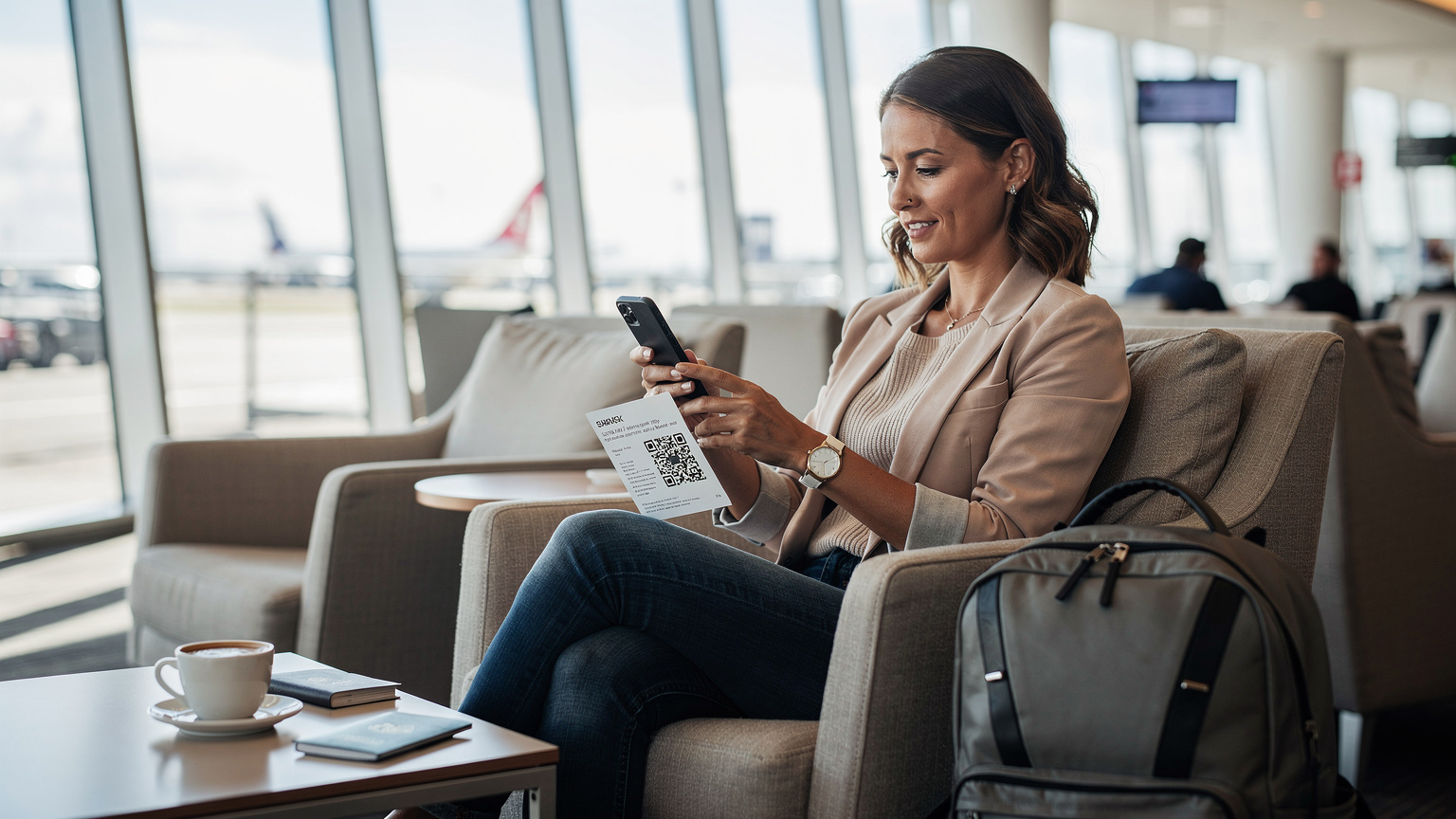 A traveller sitting comfortably in a modern airport lounge at Auckland Airport, scanning a QR code on her phone to activate her eSIM, with a coffee and passport nearby.