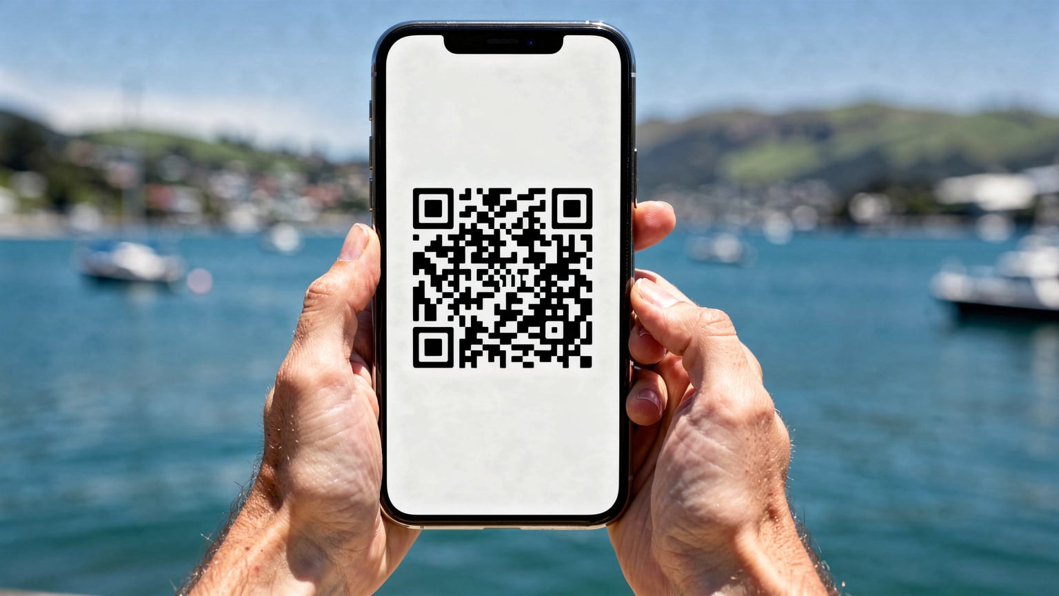A close-up shot of a person's hands holding a smartphone, with the screen displaying an eSIM activation QR code, set against a blurred backdrop of Wellington's harbour.