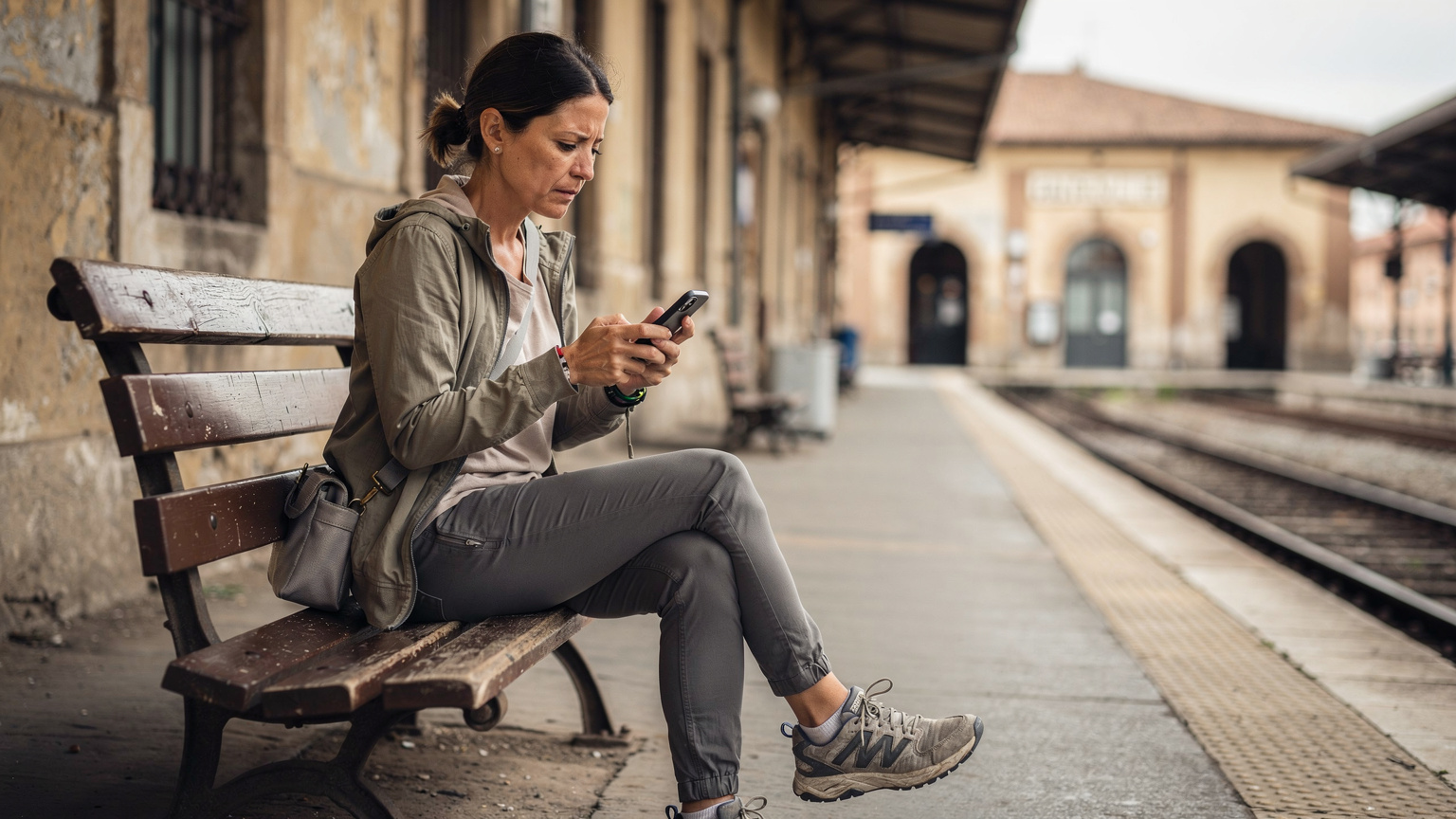 Cestovatelka se zamyšleným výrazem sedí na lavičce na vlakovém nádraží v Itálii a kontroluje svůj mobilní telefon, na obrazovce je slabý signál.