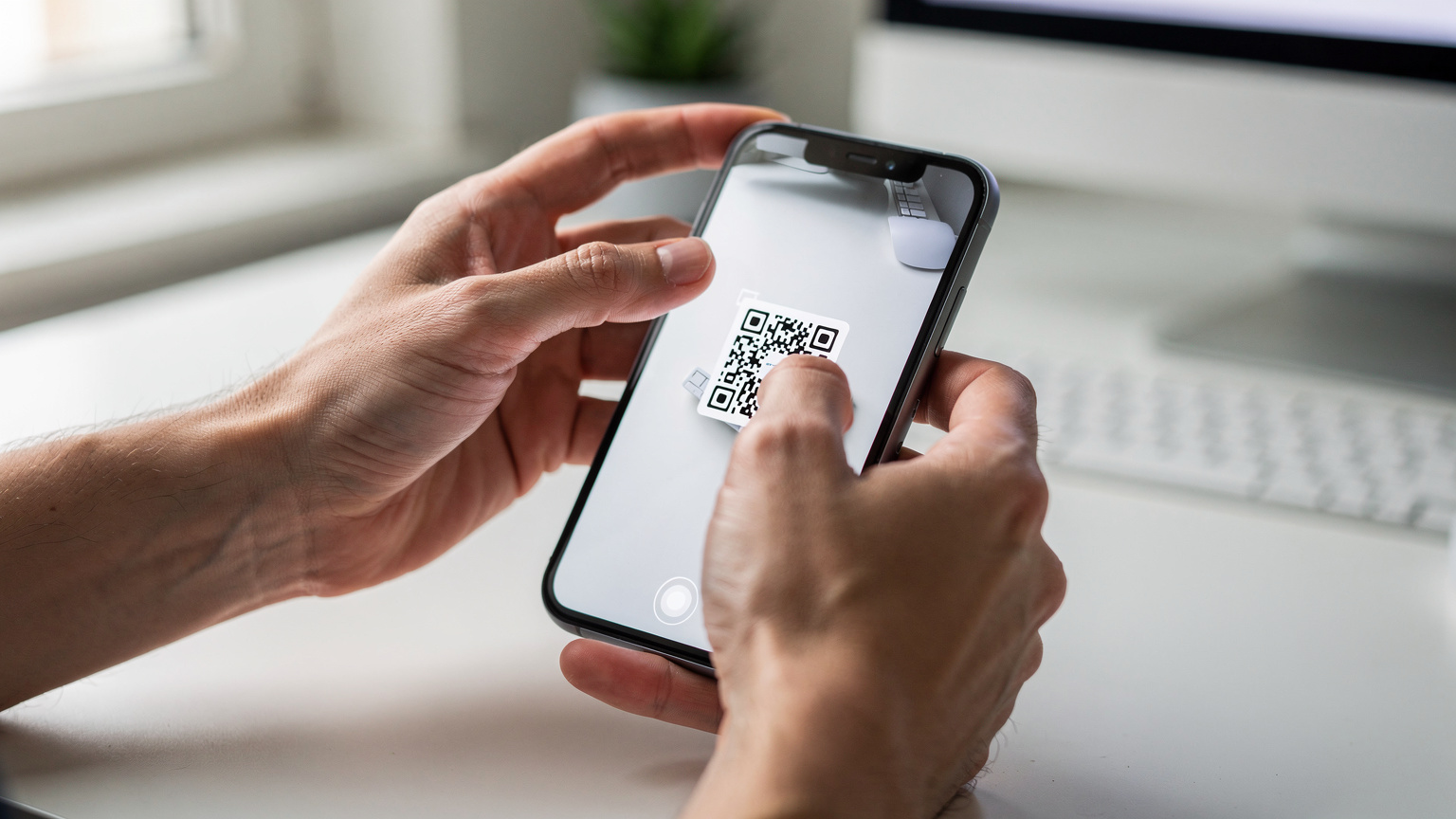 Detailní záběr na ruce dospělého člověka, který drží chytrý telefon a skenuje QR kód pro aktivaci eSIM.