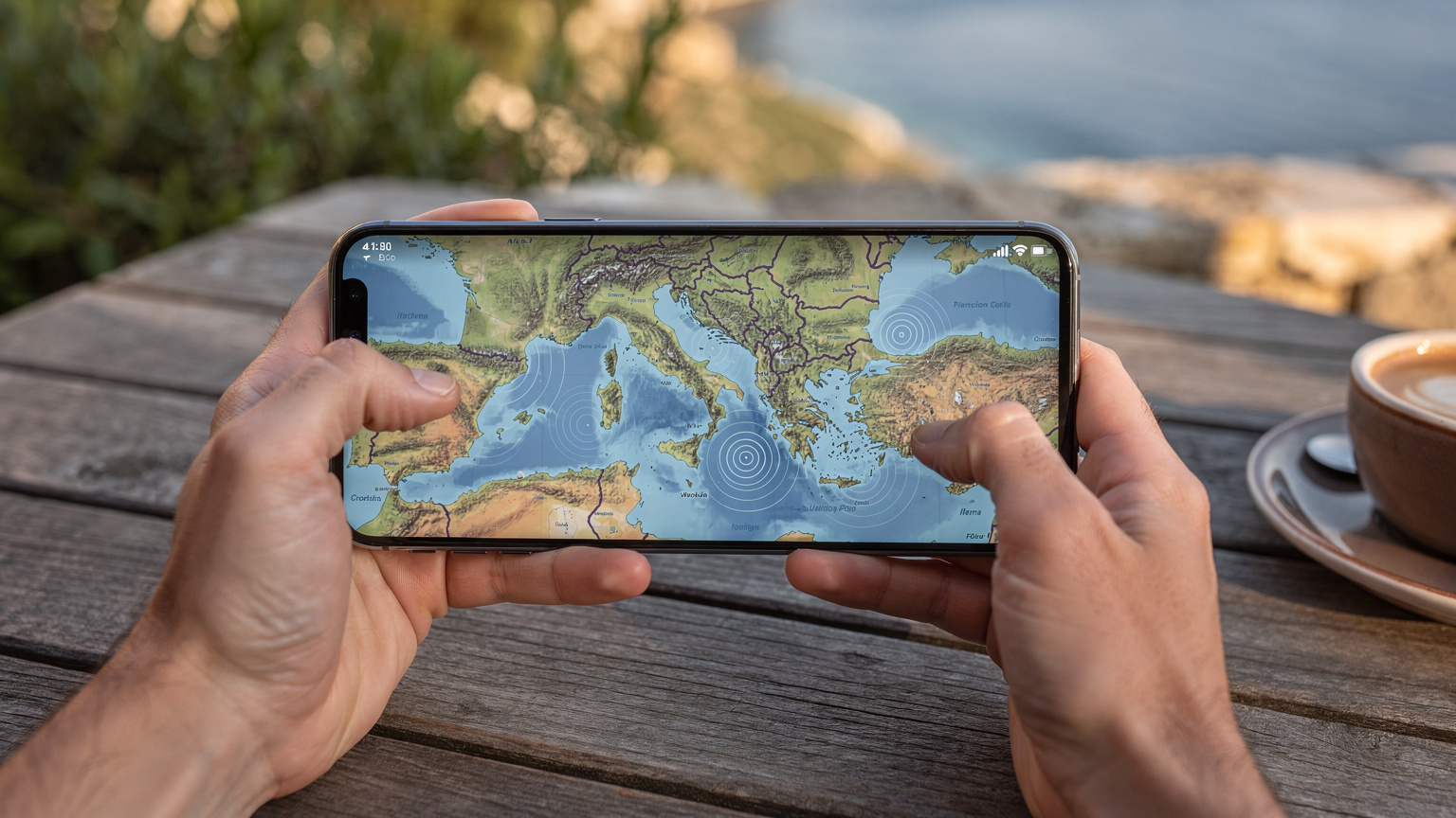 Digitální mapa Chorvatska a Itálie na obrazovce telefonu, ukazující pokrytí sítě a aktivní datové připojení.