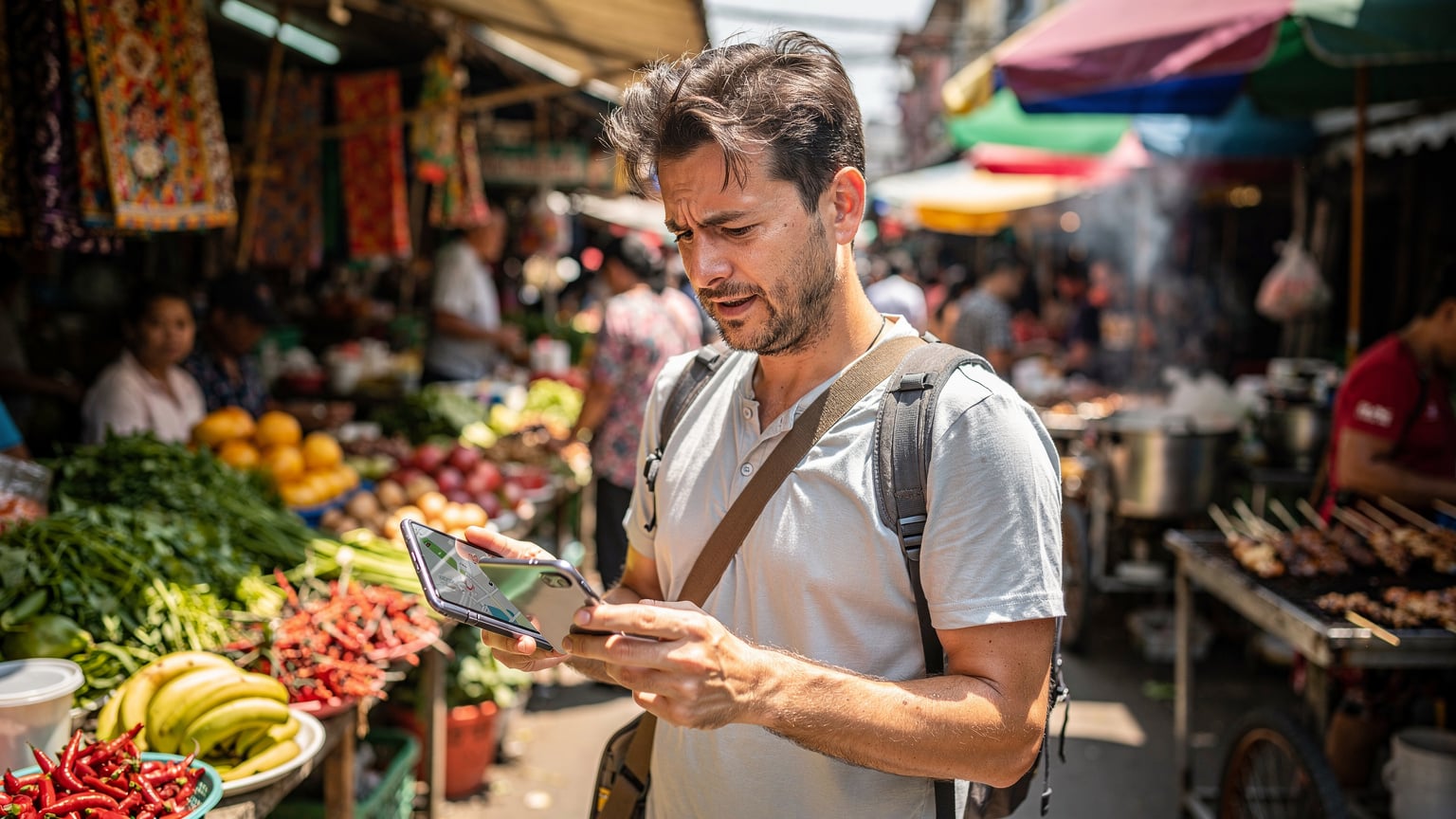 Cestovatel s úlevou sleduje mapu na svém Samsungu Galaxy Z Fold6 poté, co úspěšně aktivoval eSIM, v pozadí je rušný místní trh v jihovýchodní Asii.