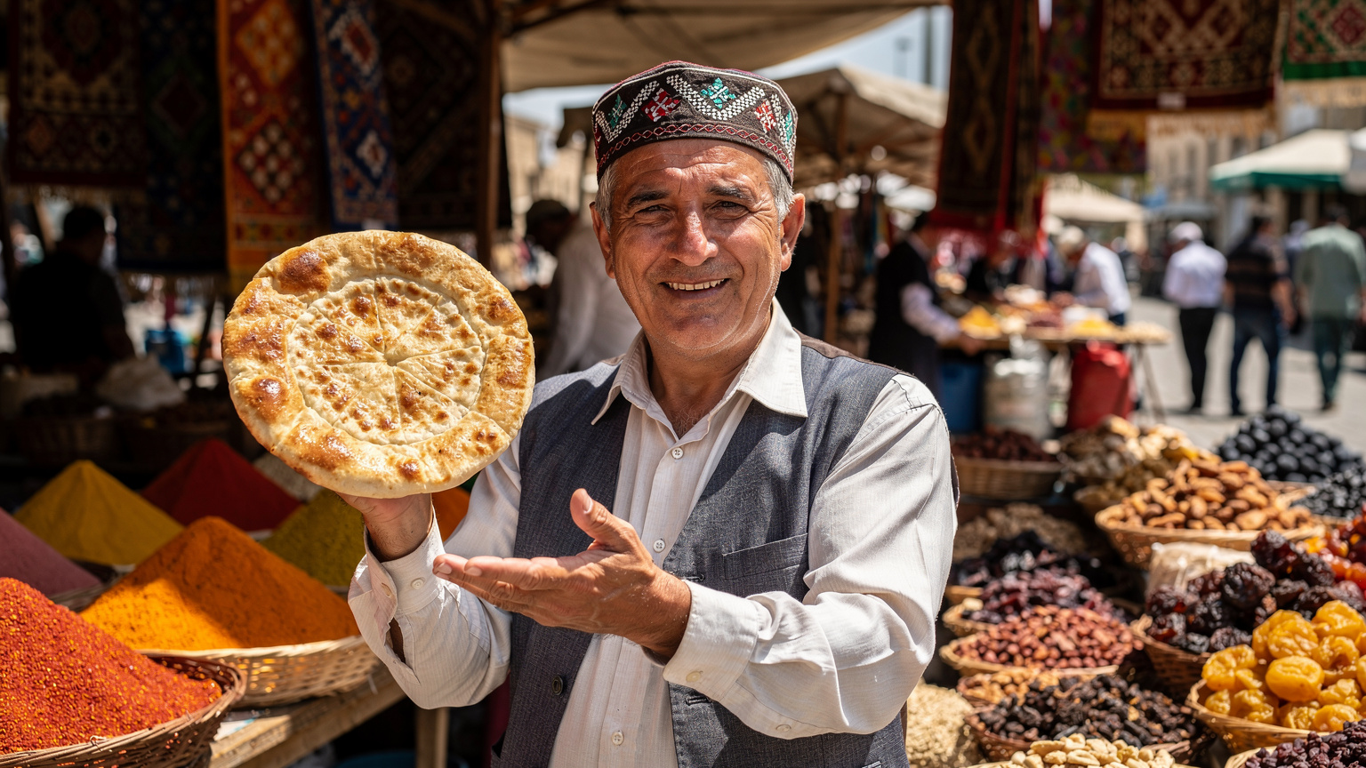 A smiling Uzbek street vendor at a bustling bazaar in Samarkand, holding a traditional round flatbread, with colorful spices and textiles in the background.