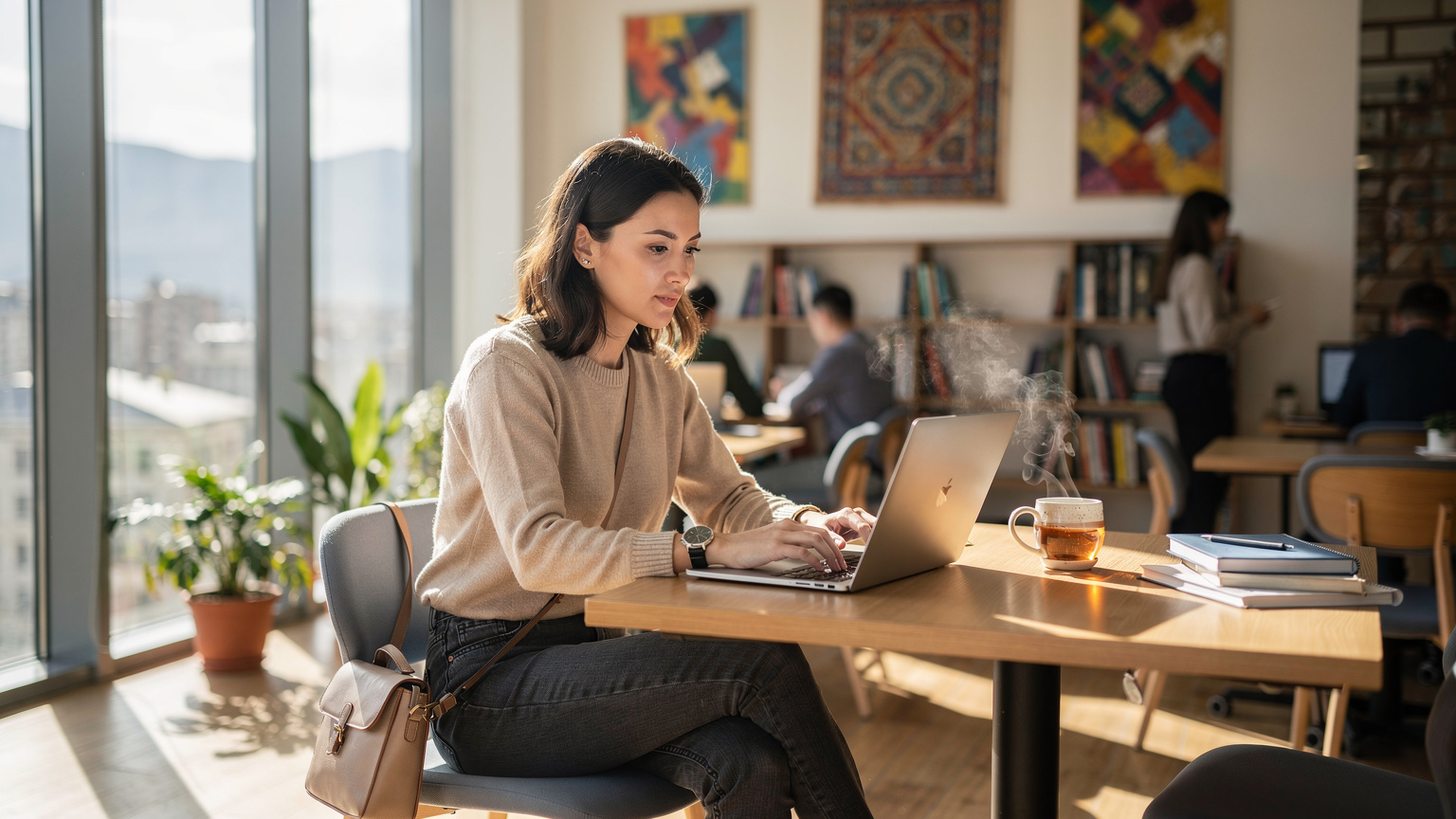 A digital nomad sits at a wooden table in a brightly lit, modern co-working space in Almaty, Kazakhstan, typing on a laptop with a focused expression, a cup of tea beside her.