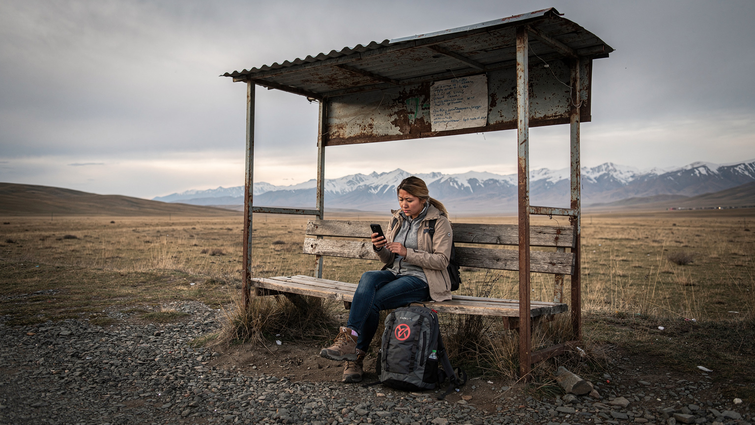 A concerned female traveler sits on a rustic bench at a remote bus stop in rural Kyrgyzstan, looking at her smartphone with a 'no service' icon, surrounded by vast, empty steppes.