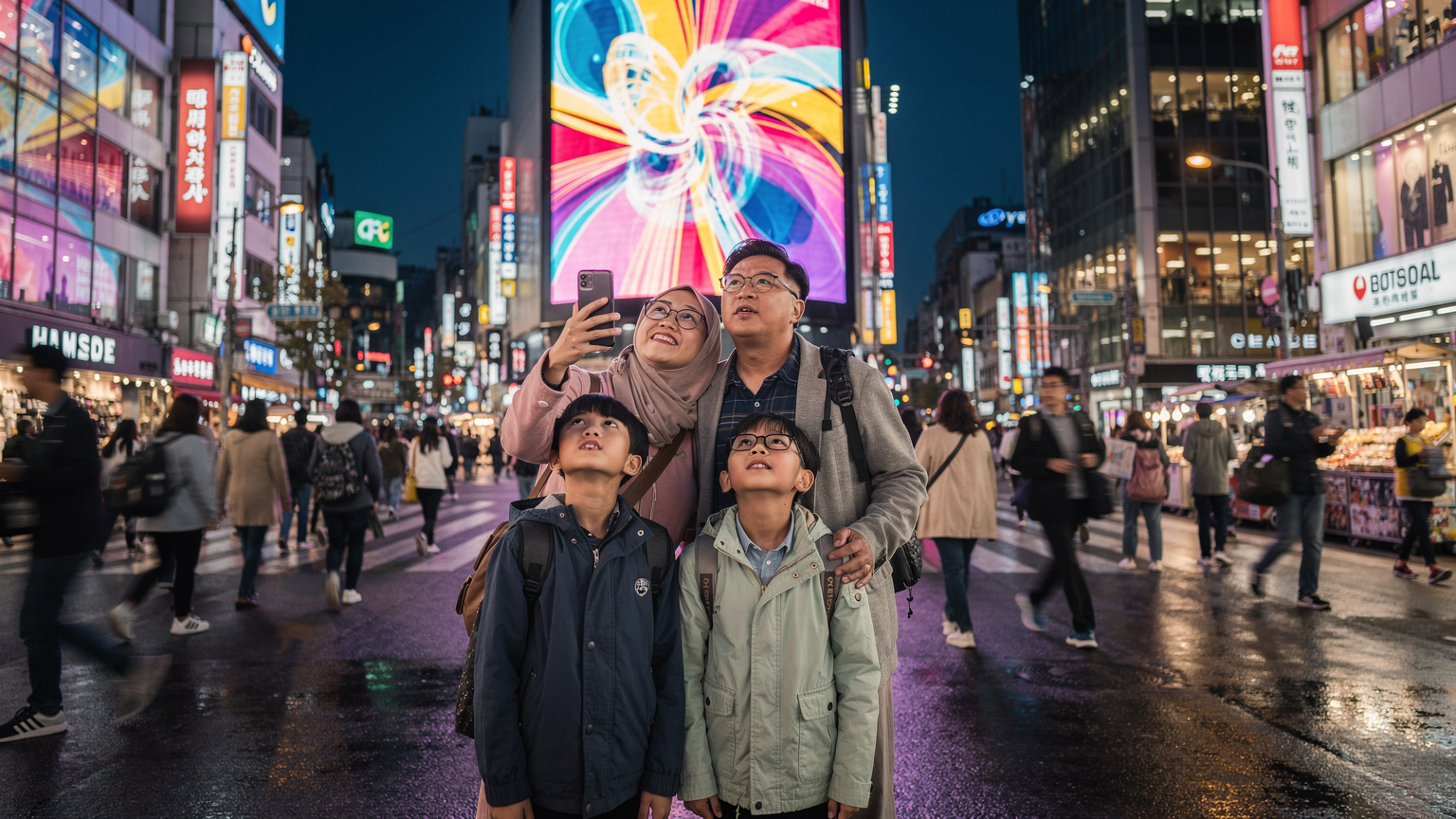 Sebuah keluarga Malaysia berdiri di hadapan papan tanda elektronik yang besar dan terang di Myeongdong, Seoul, ibu bapa memegang telefon masing-masing dan anak-anak kelihatan kagum dengan cahaya dan tenaga bandar.