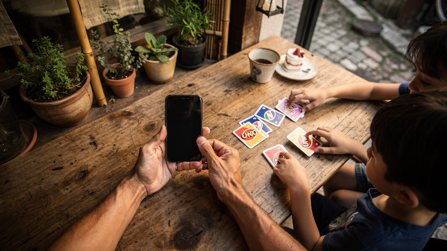 Seorang bapa Malaysia sedang mengaktifkan fungsi hotspot di telefon pintarnya, diletakkan di atas meja kayu kafe yang tenang di tepi jalan di Tokyo, sementara anak-anaknya sedang bermain permainan kad di meja yang sama.