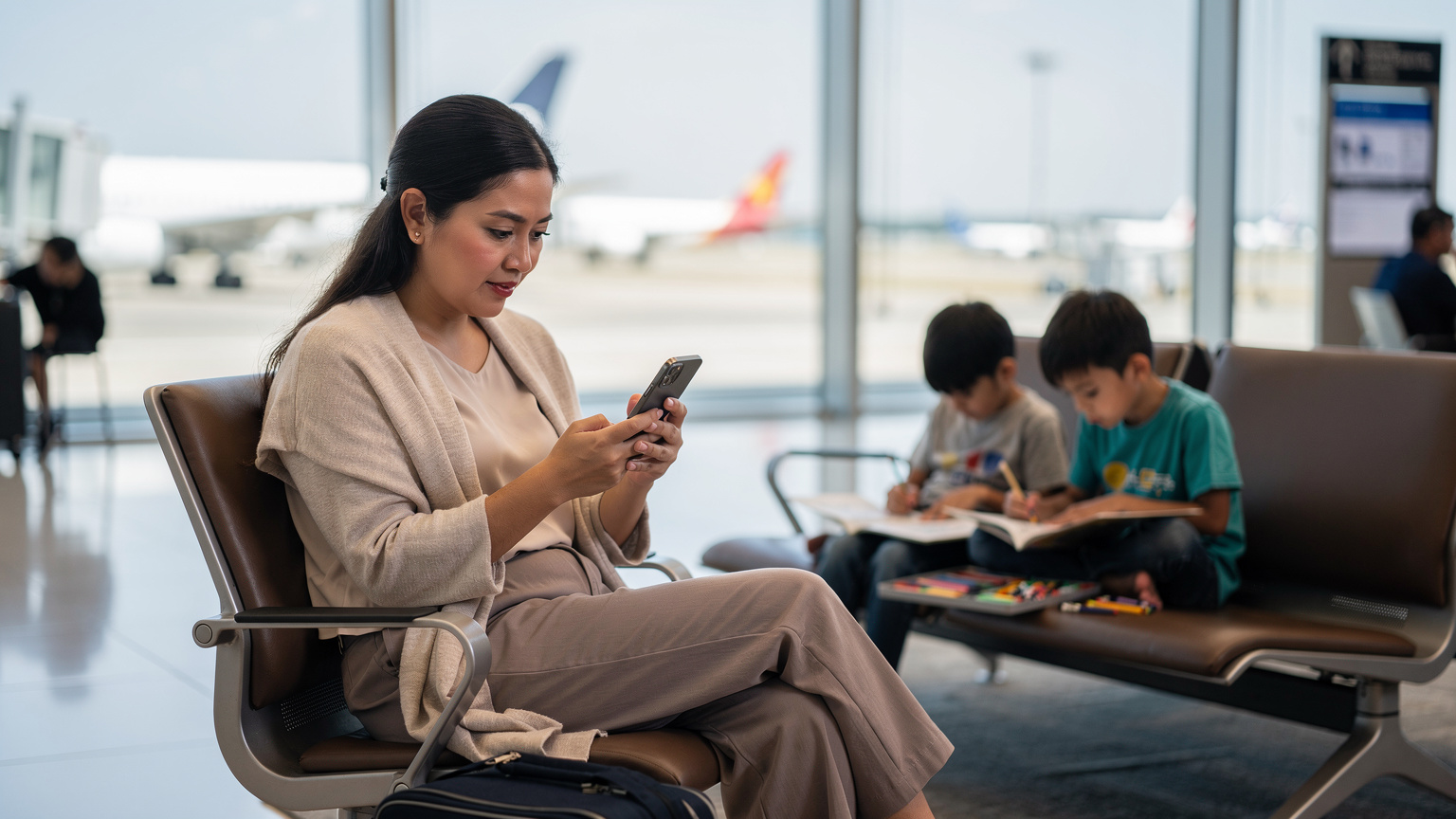 Seorang ibu Malaysia yang kelihatan tenang, sedang melihat telefonnya untuk mencari pelan eSIM yang sesuai di sudut menunggu yang bersih di lapangan terbang antarabangsa Narita Tokyo, dengan anak-anaknya bermain dengan buku mewarna di bangku di latar belakang.