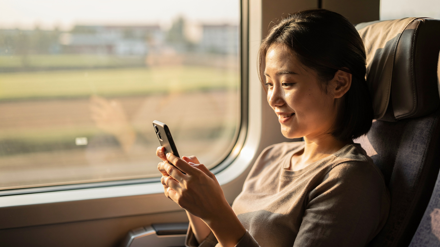 一位旅客在中國高鐵列車上,輕鬆地用手機掃描eSIM二維碼,窗外飛馳而過的鄉村景色模糊。