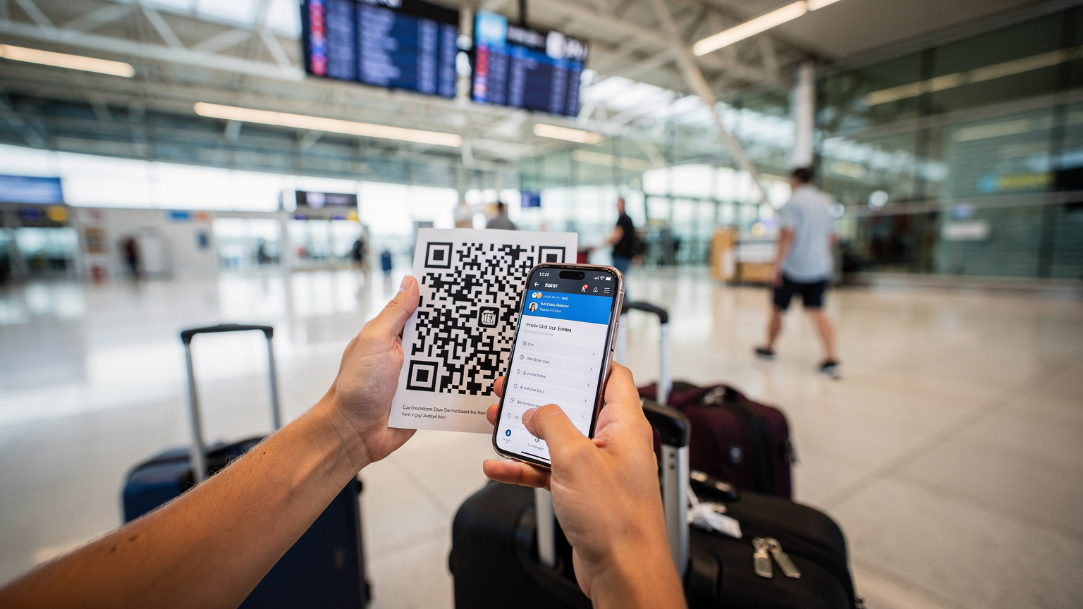 Ръце на пътник сканират QR код за активиране на eSIM от втори телефон или разпечатка, докато са на летище Сплит, с багаж и информационни табла на заден план.