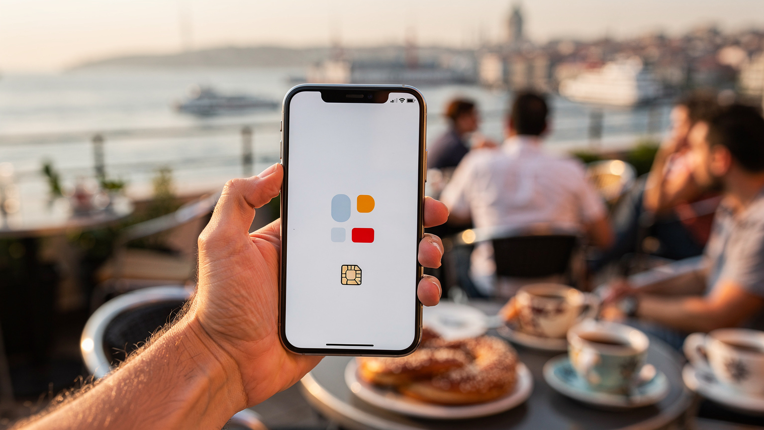 O mână ține un telefon mobil afișând un ecran de confirmare a activării eSIM, cu un fundal estompat de o terasă vibrantă a unei cafenele din Istanbul, unde turiștii se bucură de cafea și priveliște la Bosphor.