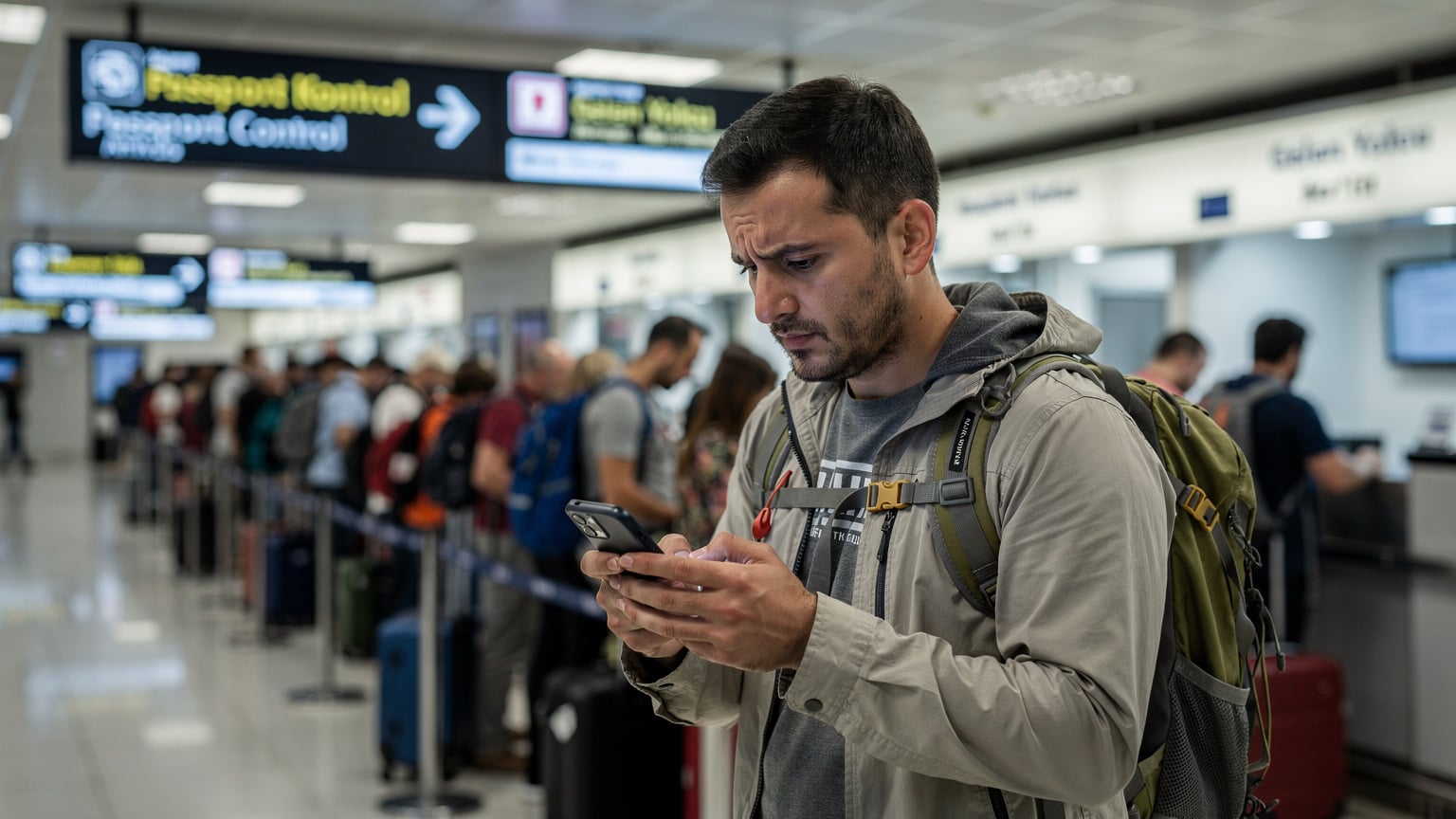 Un călător agitat își verifică telefonul, cu o expresie de îngrijorare pe față, în timp ce așteaptă la o coadă lungă la ghișeul de imigrație dintr-un aeroport internațional aglomerat din Turcia.
