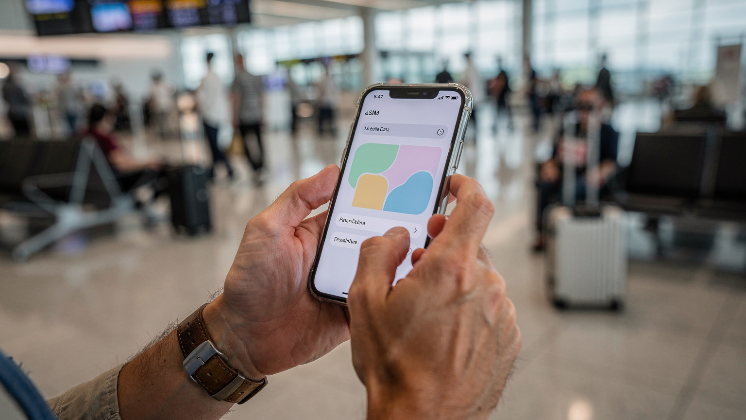 日本の空港の出発ロビーで、搭乗を待つ間にiPhoneのモバイルデータ設定画面を開き、eSIMの有効化を確認している旅行者の手元のクローズアップ。周りにはスーツケースや旅行バッグが置かれている。