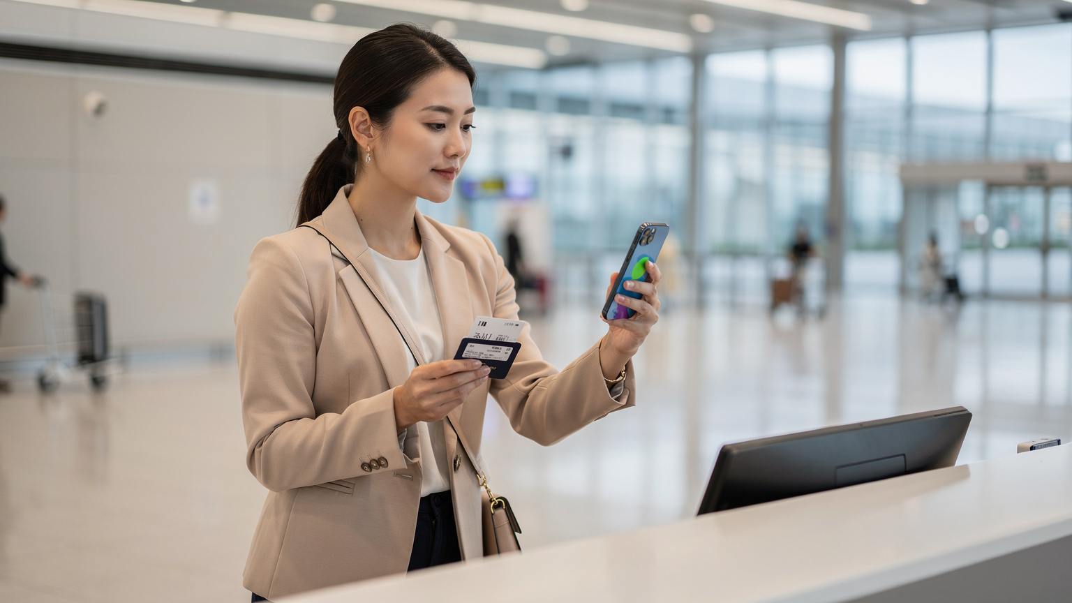 空港のチェックインカウンターで、搭乗券とパスポートを手に、最終フライト情報を確認しながらiPhoneでeSIMのステータスをチェックする旅行者の女性。