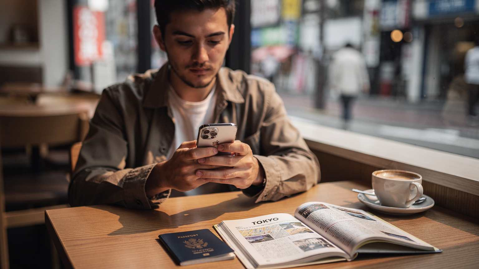 渋谷のカフェで、海外旅行の計画を立てながらiPhoneでeSIMの設定方法を調べている男性。テーブルにはパスポートとガイドブックが広げられている。