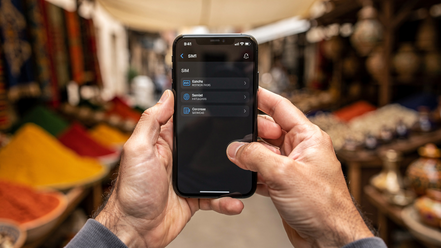 Un gros plan sur des mains tenant un smartphone, affichant un écran de paramètres réseau avec des options d'eSIM, sur fond flou d'un marché animé à Alger.