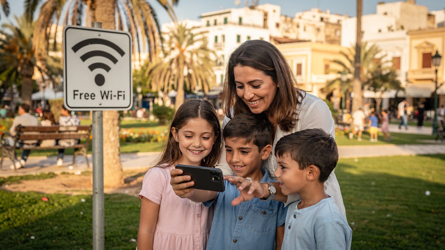 Une mère souriante et ses deux enfants devant une borne Wi-Fi gratuite dans un parc public à Alger, la mère montre son téléphone aux enfants avec le symbole Wi-Fi affiché, une ambiance détendue et joyeuse.