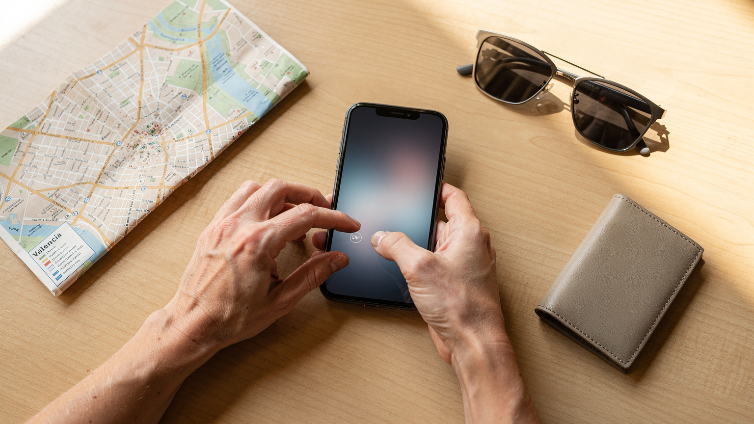 Primer plano de las manos de una madre configurando una eSIM en su smartphone, con un mapa turístico de Valencia, gafas de sol y una cartera dispuestos ordenadamente sobre una mesa de café.