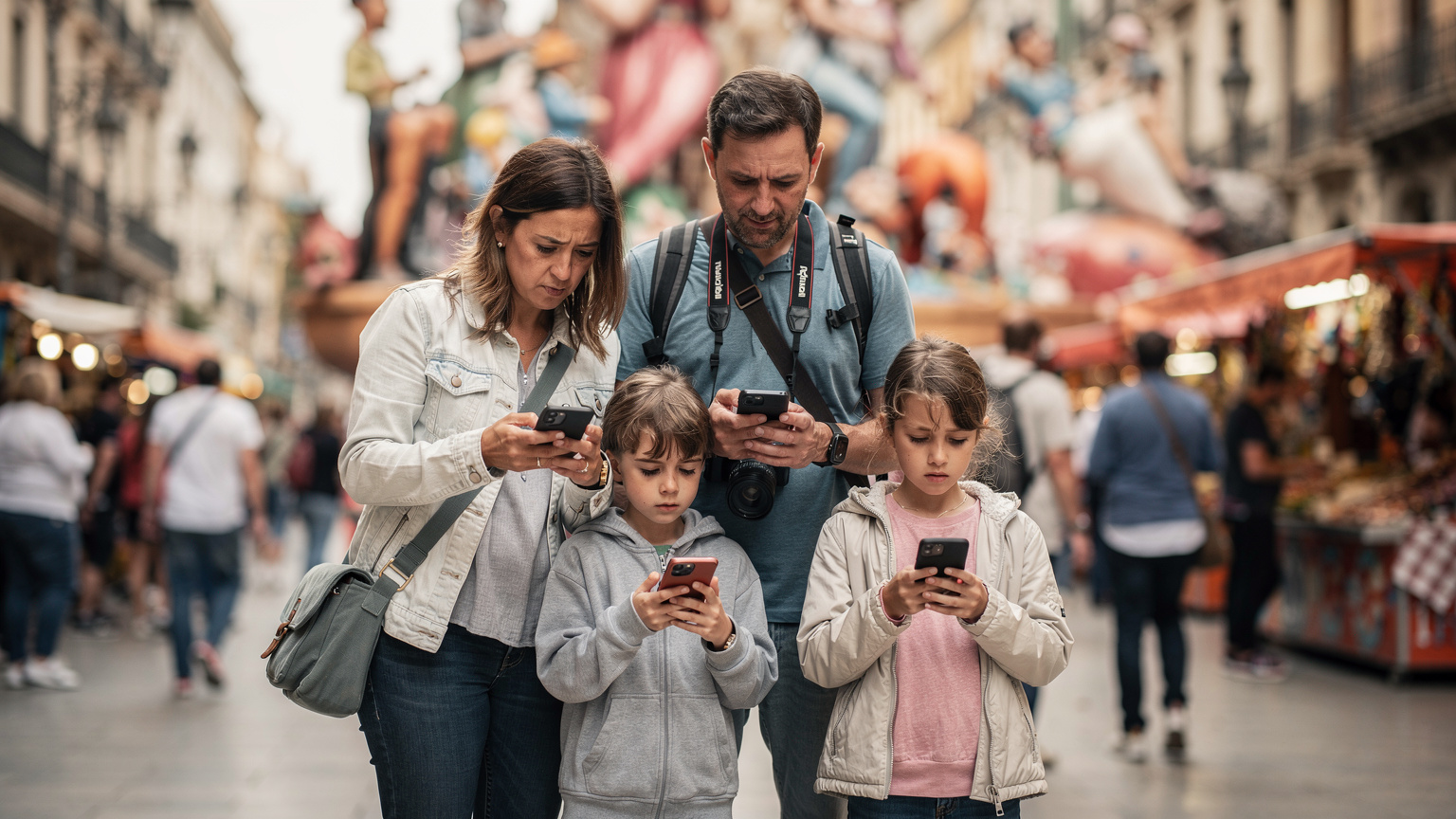 Un grupo de turistas, incluyendo una familia con niños, lucha por obtener señal en sus teléfonos móviles mientras están en un área concurrida de Valencia durante las Fallas, mostrando cierta frustración.