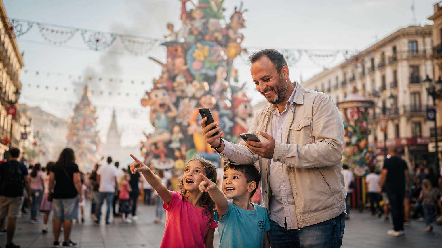 Un padre sonriente revisa las indicaciones en su teléfono mientras sus dos hijos, entusiasmados, señalan una falla gigante en la calle, con la emoción del festival envolviéndolos.
