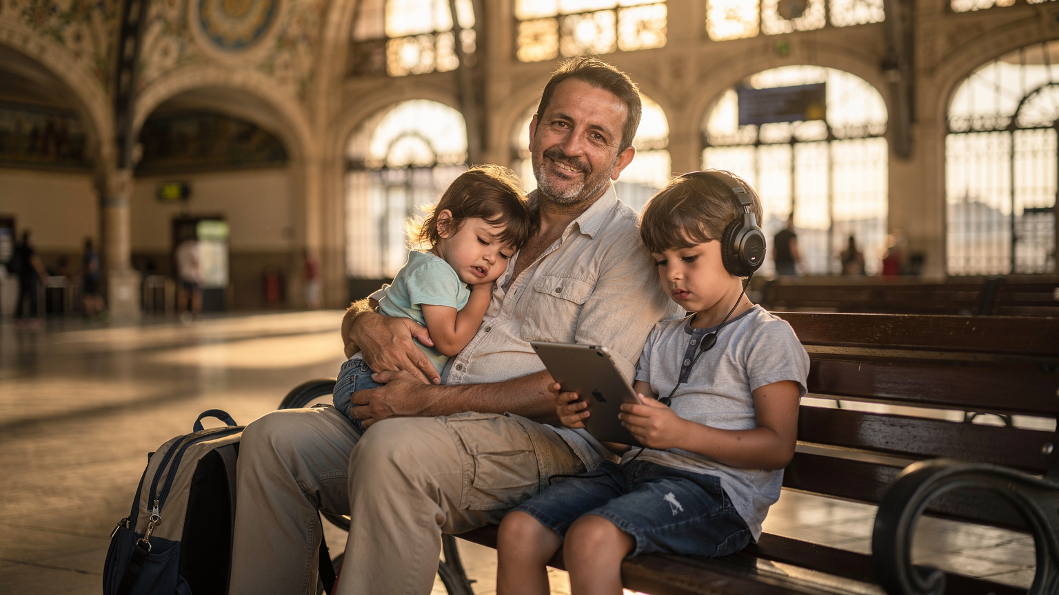Un padre cansado pero sonriente en la Estación del Norte de Valencia, con un niño durmiendo sobre su hombro y otro pequeño pegado a un iPad, mientras espera un tren después de un día de Fallas.