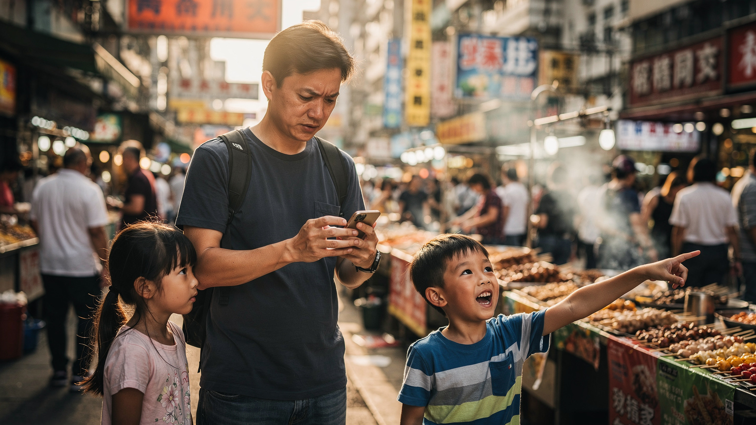 一位年輕的父親在香港街頭,焦急地查看手機確認eSIM設定,周圍是興奮地討論街邊小吃的小孩子們。