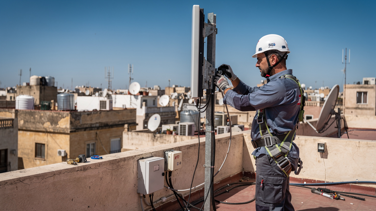 Un technicien Maroc Telecom ajuste une antenne 5G sur un toit à Casablanca, avec les toits de la ville en arrière-plan sous un ciel clair.