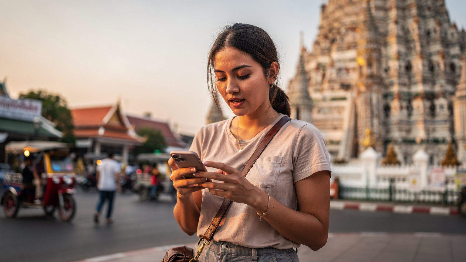 活気あるバンコクのワット・アルン付近で、観光客がスマートフォンで地図を確認している様子。夕暮れ時の柔らかな光が寺院の屋根を照らしている。