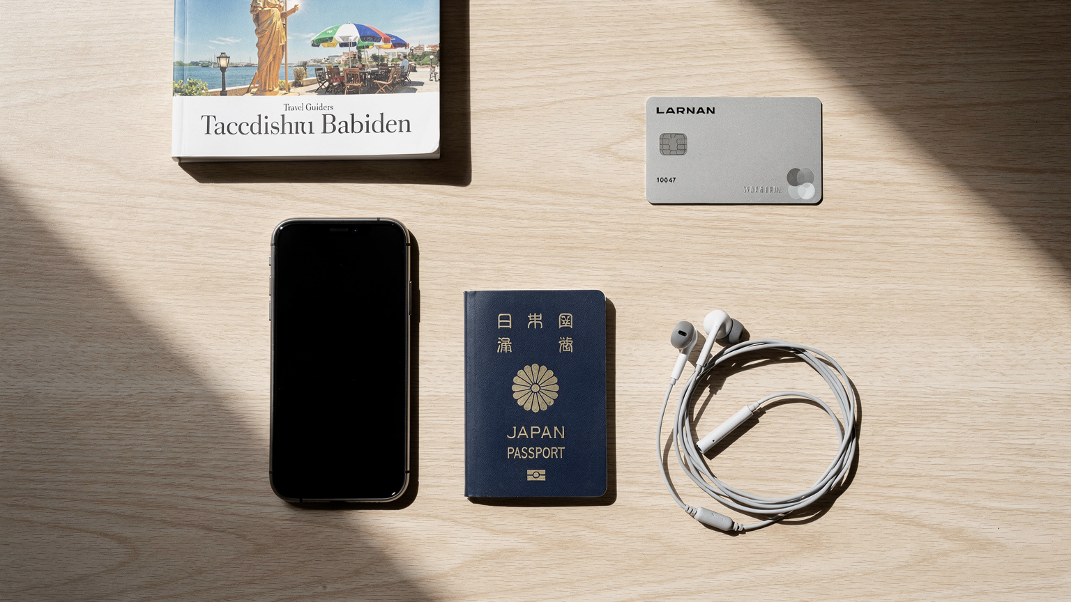 パスポート、スマートフォン、クレジットカード、そして旅行ガイドブックが丁寧に並べられた、旅行準備中のデスクの俯瞰ショット。