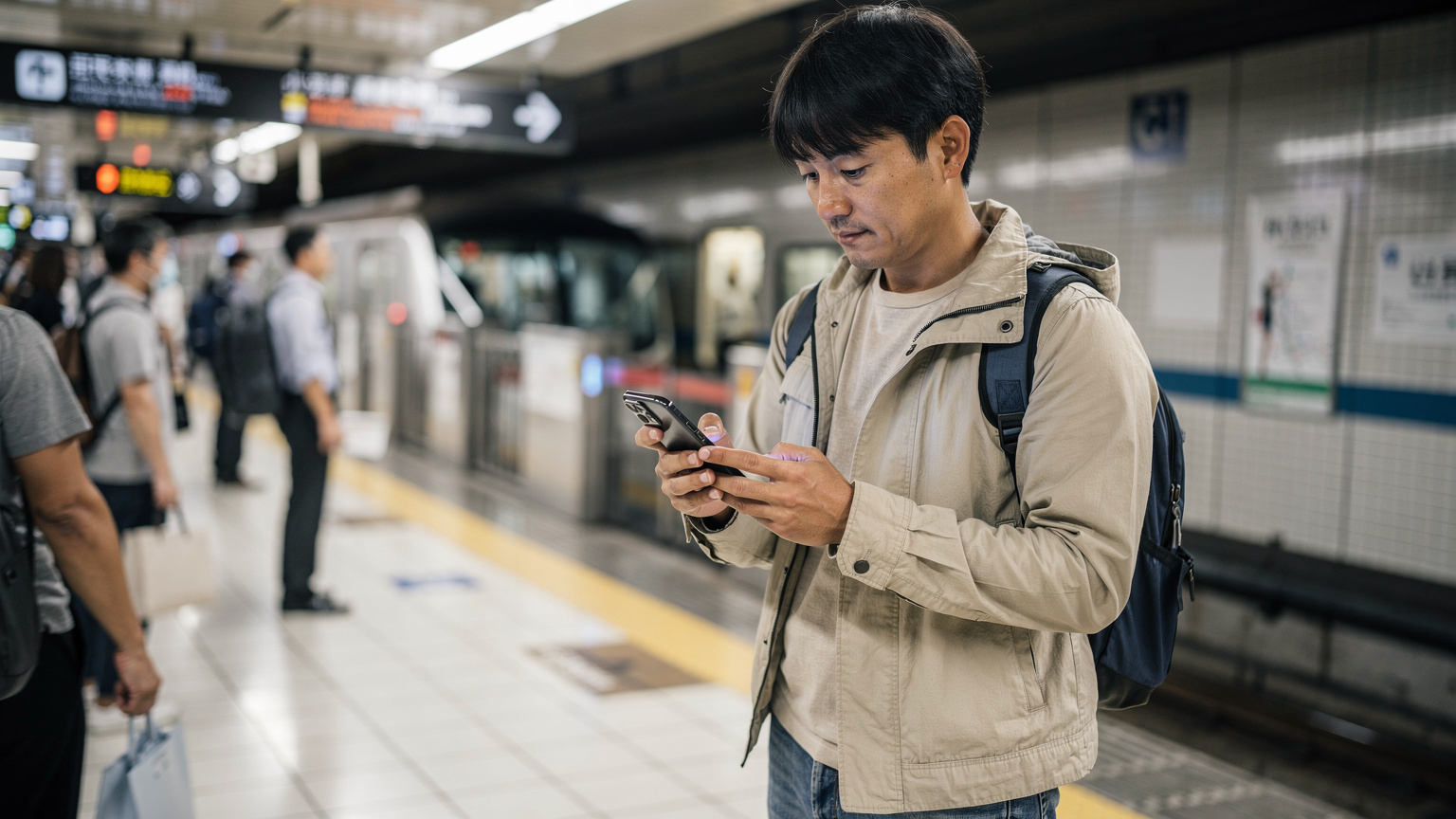 スマートフォンを手に、地下鉄の路線図を真剣に見つめる旅行者。背景には東京メトロの駅の標識がぼんやりと見える。