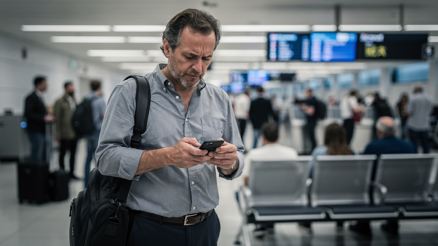空港の搭乗ゲートで、焦った表情でスマートフォンを操作する男性。背景には「Delayed」と表示された電光掲示板がぼんやりと見える。