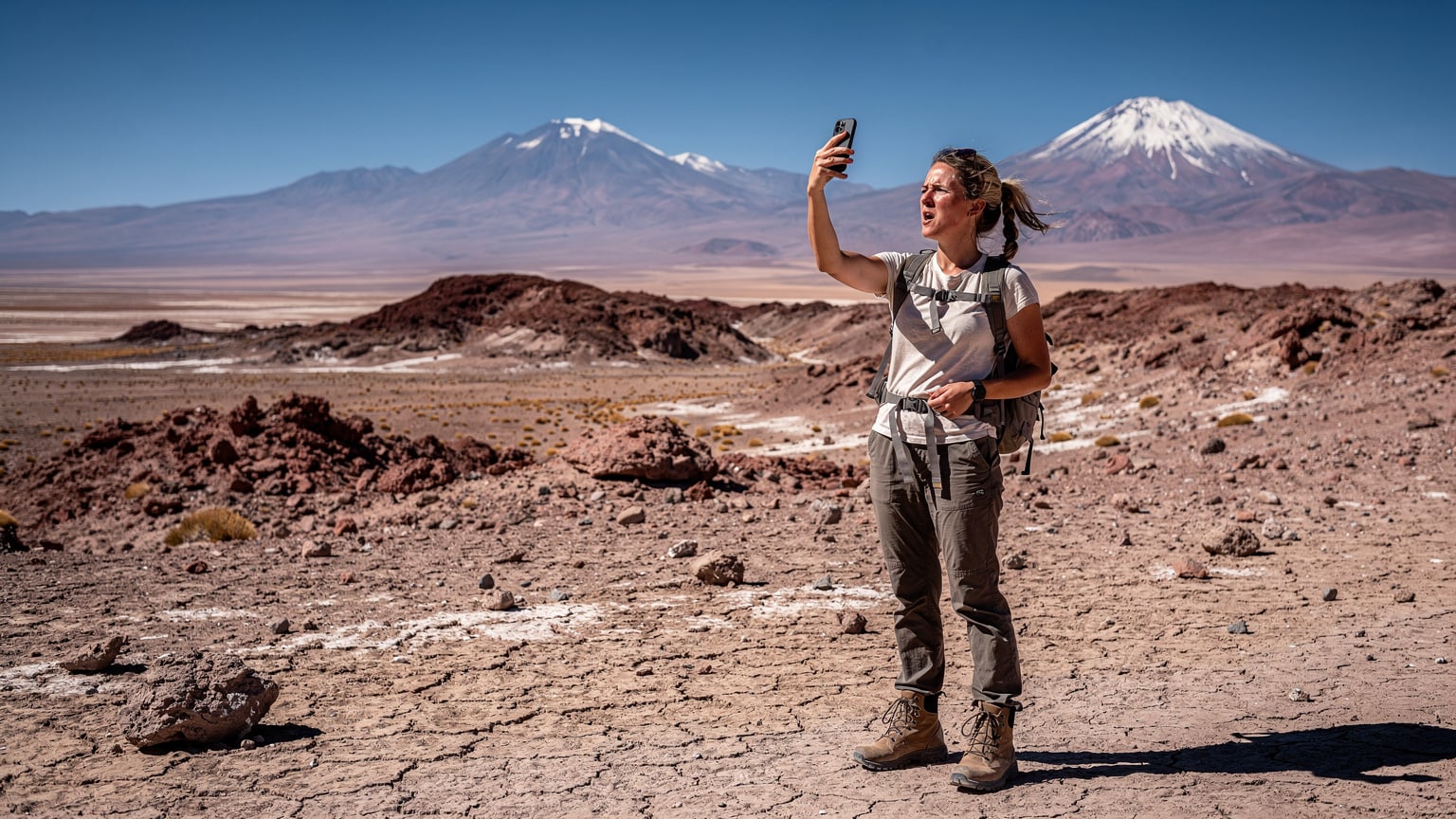 Un viajero, con expresión preocupada, intenta conectar su teléfono en un área remota del desierto de Atacama, buscando señal para su teléfono.