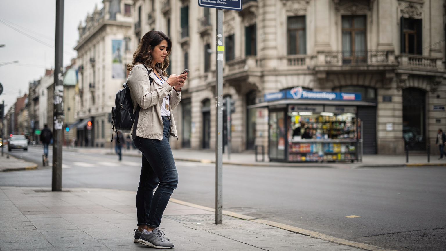 Una viajera revisa su teléfono mientras espera en una parada del Transantiago en el centro de Santiago, con edificios históricos de fondo.