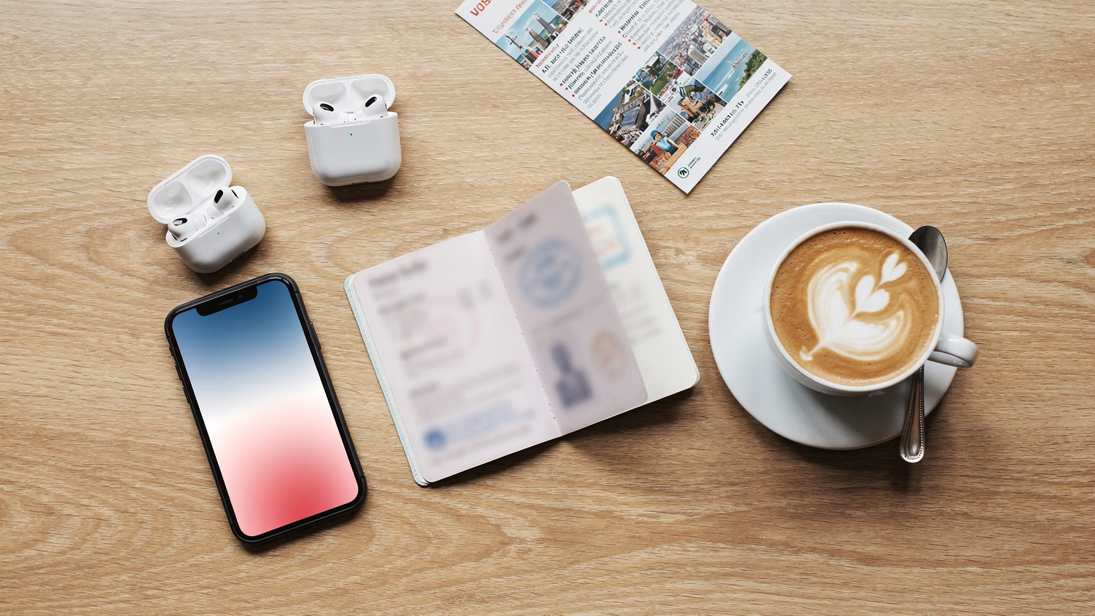 Una composición de viaje en una mesa de café: pasaporte, smartphone, auriculares inalámbricos, un café con leche y una pequeña guía de ciudad, todo elegantemente dispuesto.