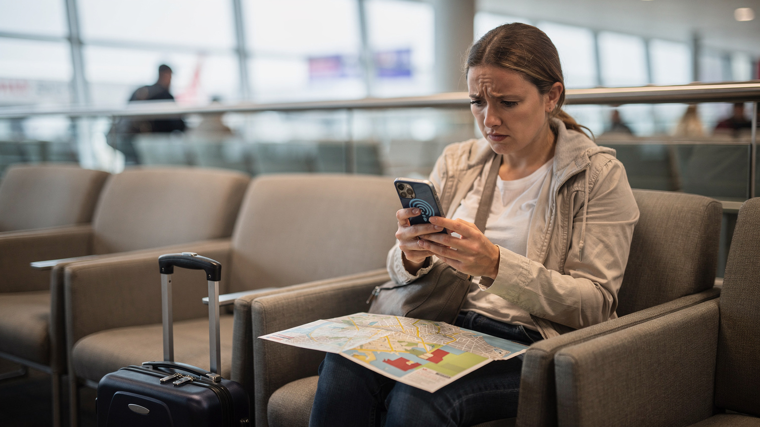 Una viajera frustrada en una sala de espera de aeropuerto, mirando con desesperación su teléfono sin señal, con un mapa de papel desplegado a su lado.