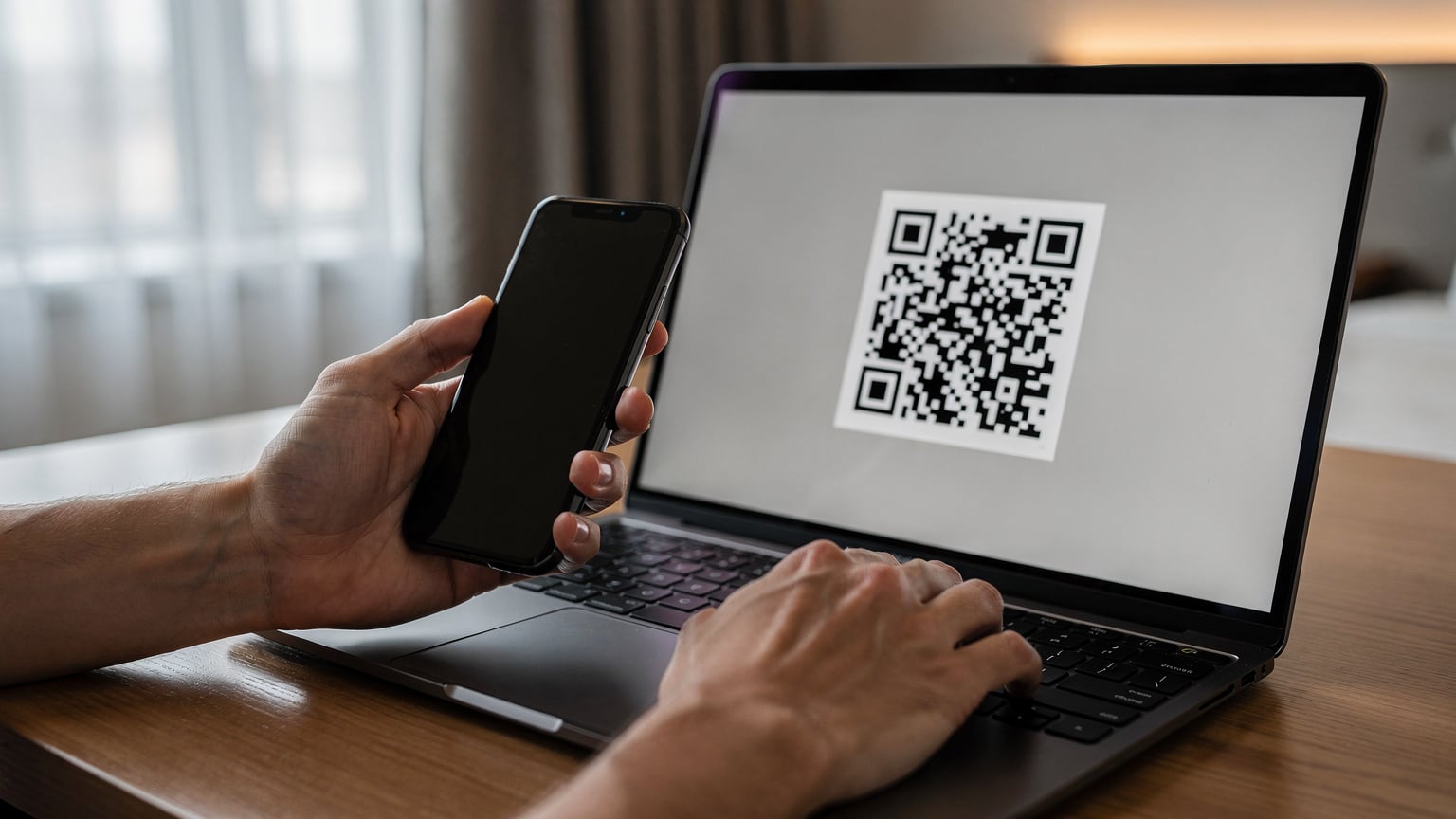 Manos de un viajero escaneando un código QR de eSIM en la pantalla de un ordenador portátil, en una habitación de hotel con una ventana al fondo.